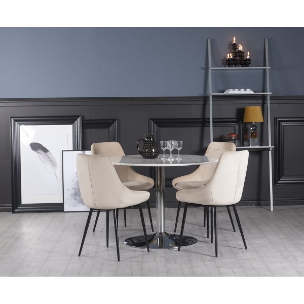 Plaza matgrupp, marmorbord med 4 st Theo sammetsstolar - Beige/Vit/Krom
