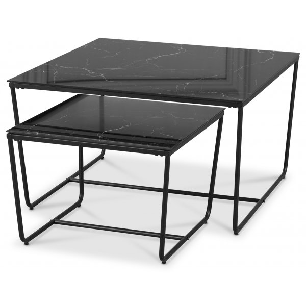 Stella Satsbord 75 x 75 cm - Svart marmorerat glas / Svart underrede