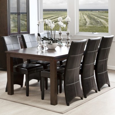 Matgrupp: Mekka matbord med 1 klaff 50 cm - Mrk valnt + 6 x Kire stol - Svart konstlder med vita rnder