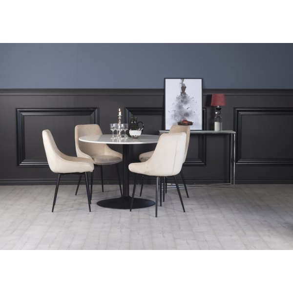 Plaza matgrupp, marmorbord med 4 st Theo sammetsstolar - Beige/Vit/Svart