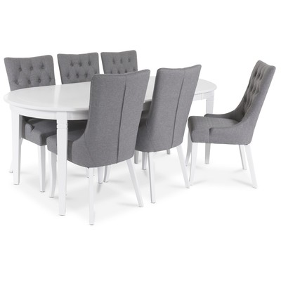 Sandhamn Matgrupp ovalt bord med 6 st Tuva Denise stolar i Grtt tyg