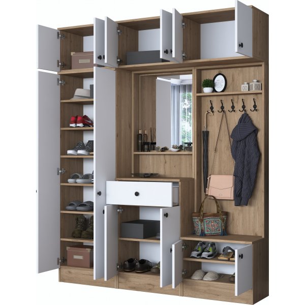 Meuble d\\\'entrée Mendy 180 cm avec meuble haut - Blanc/noyer Meuble d\\\'entrée Mendy 180 cm avec meuble haut - Blanc/noyer