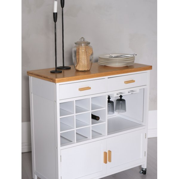 Levend wit keukeneiland met wijnrek en eiken blad + Meubelpoten Levend wit keukeneiland met wijnrek en eiken blad + Meubelpoten