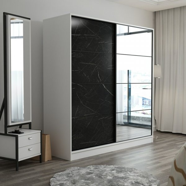 Armoire Kapusta avec porte miroir, 180 cm - Blanc/noir Armoire Kapusta avec porte miroir, 180 cm - Blanc/noir