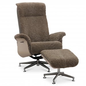 Reclinerfåtölj med fotpall i äkta fårskinn ek/mörkbeige - Ulla Reclinerfåtölj med fotpall i äkta fårskinn ek/mörkbeige - Ulla