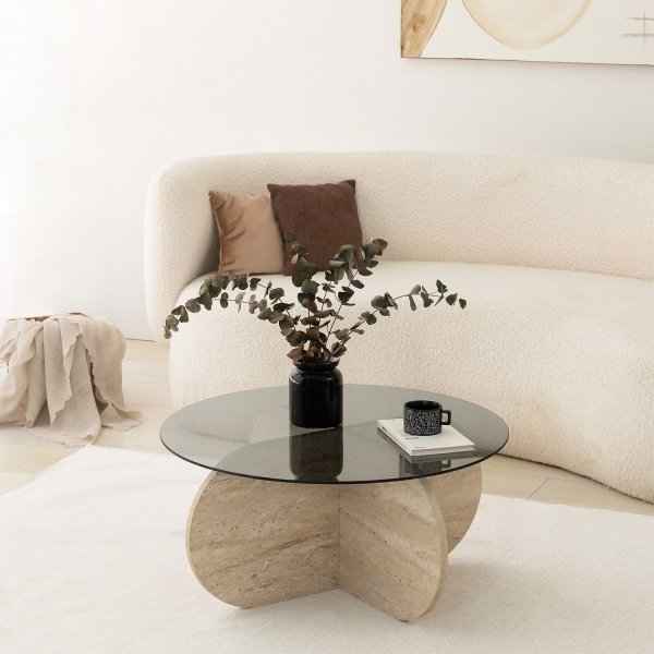 Table basse Bubble Ø75 cm - Travertin/verre fumé Table basse Bubble Ø75 cm - Travertin/verre fumé