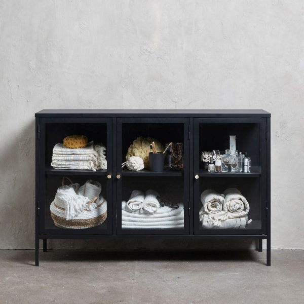 Buffet Toddy en mtal noir avec portes vitres, largeur 132 cm