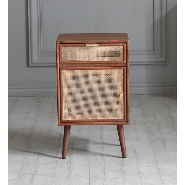 Nachtkastje walnoot/rotan 71 cm hoog