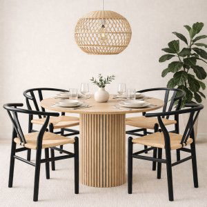 Ludvig matbord Ø120 cm i ek med 4st Brandon karmstol i svart med repsits Ludvig matbord Ø120 cm i ek med 4st Brandon karmstol i svart med repsits