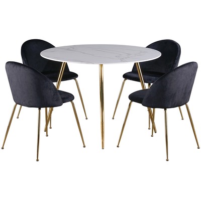 Deco matgrupp 110 cm runt bord + 4 st Art stolar svart sammet / Mässing