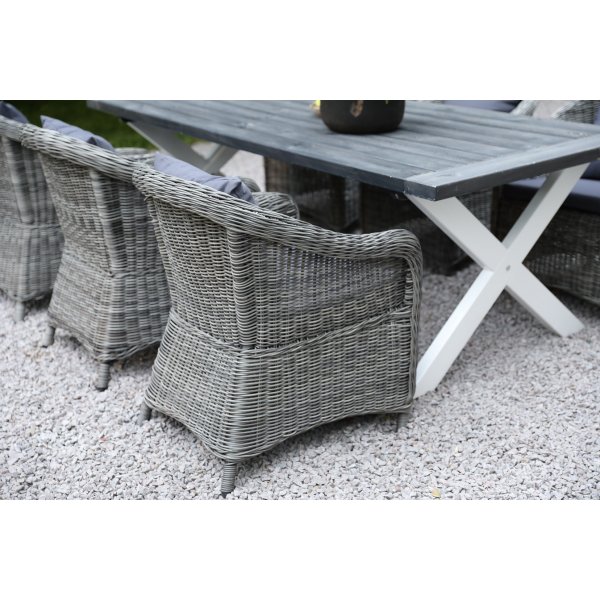 Oxford utematgrupp; grå/vit bord 220 cm inkl 6 st Mercury fåtöljer grå konstrotting Oxford utematgrupp; grå/vit bord 220 cm inkl 6 st Mercury fåtöljer grå konstrotting