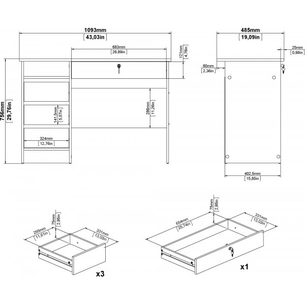 Function Plus skrivbord med 3 l�dor 109,3 x 48,5 cm - Svart