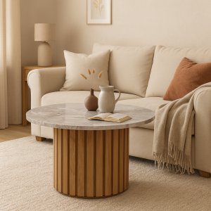 Soffbord i marmor Ø85 - Ek / gråbeige marmor Soffbord i marmor Ø85 - Ek / gråbeige marmor