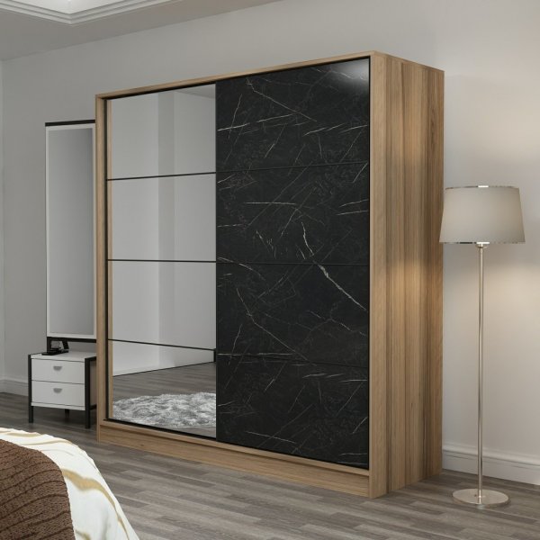 Armoire Kapusta avec porte miroir, 220x52x210 cm - Marron/noir