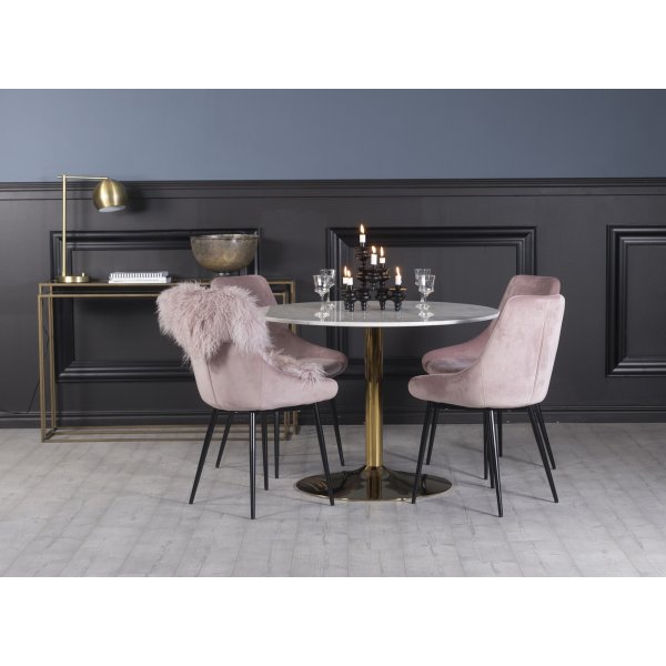 Plaza matgrupp, marmorbord med 4 st Theo sammetsstolar - Rosa/Vit/Mssing