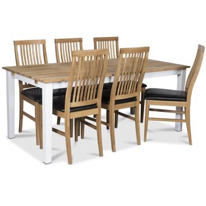 Österlen matgrupp, Klassiskt 180 cm matbord i vit/ek med 6 st Kivik matstolar med sits i svart PU Österlen matgrupp, Klassiskt 180 cm matbord i vit/ek med 6 st Kivik matstolar med sits i svart PU