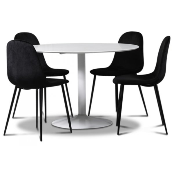 Seat matgrupp, runt matbord med 4 st Carisma sammetsstolar - Vit/Svart