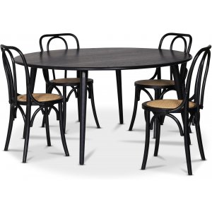 Omni matgrupp, runt matbord Ø130 cm inkl 4 st Tony svarta stolar - Svartbetsad ek