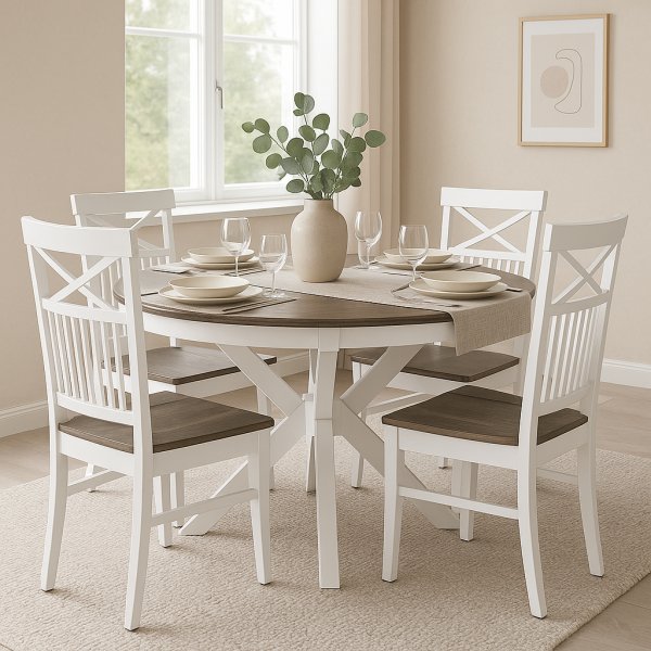 Skagen-voedselgroep; ronde eettafel 120 cm - Wit/bruingeolied eiken met 4 Skagen stoelen (Kruis achter) met bruingeoliede uitga