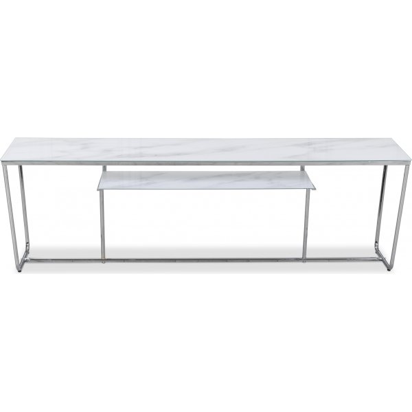 Stella mediabnk - Vit marmorerat glas / Kromat underrede