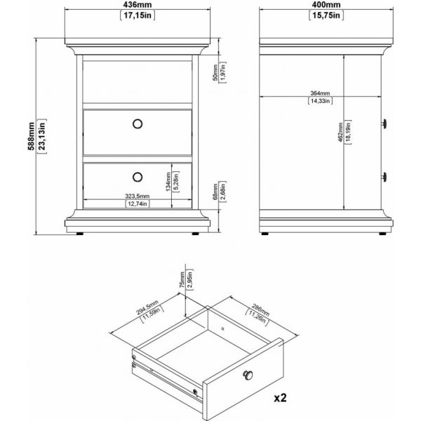 Paris smal nachtkastje met 2 lades en 1 open vak - Wit