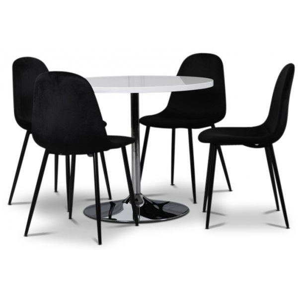 Tiana matgrupp, runt matbord med 4 st Carisma sammetsstolar - Vit/Svart