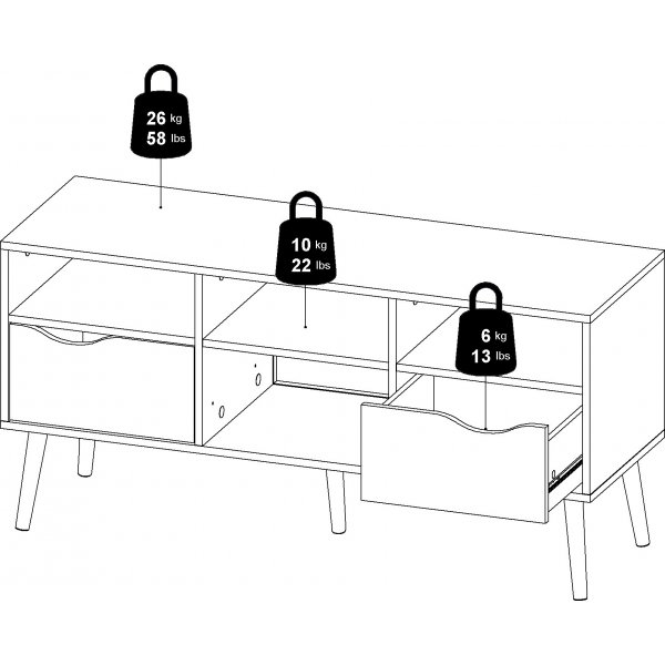 Banc multimdia Oslo avec 2 tiroirs et 4 compartiments ouverts - Blanc/chne
