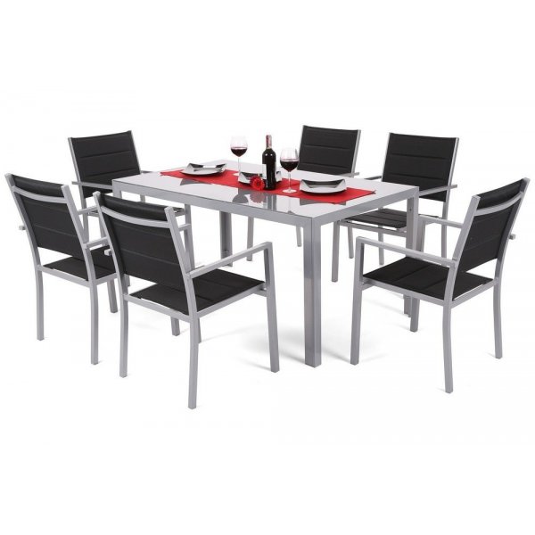 Matgrupp Corfu 150 cm - silver/svart, inkl. 6 stolar