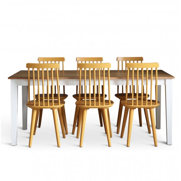 Dalsland eetgroep: Eettafel in Eiken/Wit met 6 gele rieten stoelen