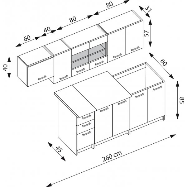 Perla complete keuken 260 cm - Sonoma eiken/wit/zand