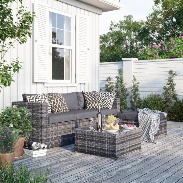 Miami utegrupp soffa med bord - Grå konstrotting + Möbeltassar Miami utegrupp soffa med bord - Grå konstrotting + Möbeltassar