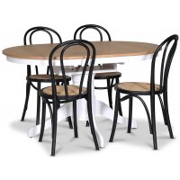Fitchburg matgrupp; Ovalt matbord 106-141 cm - Vit / Oljad Ek med 4 st Danderyd No.18 matstolar Svart Fitchburg matgrupp; Ovalt matbord 106-141 cm - Vit / Oljad Ek med 4 st Danderyd No.18 matstolar Svart