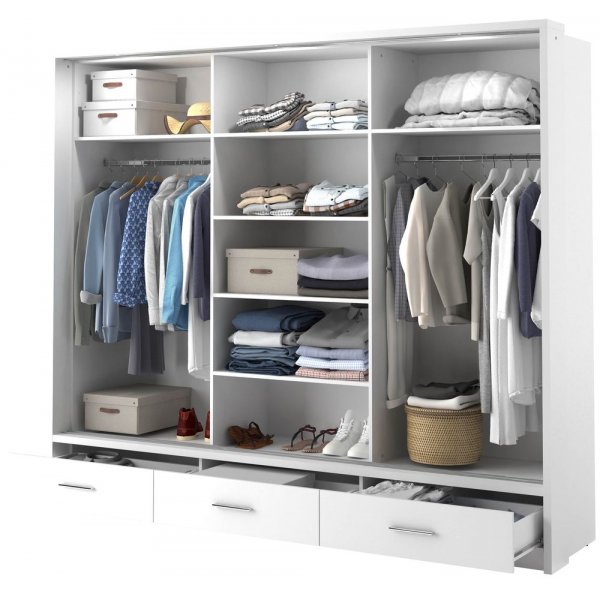 Armoire Mervyn portes coulissantes et contenu L250 cm - Blanc Armoire Mervyn portes coulissantes et contenu L250 cm - Blanc