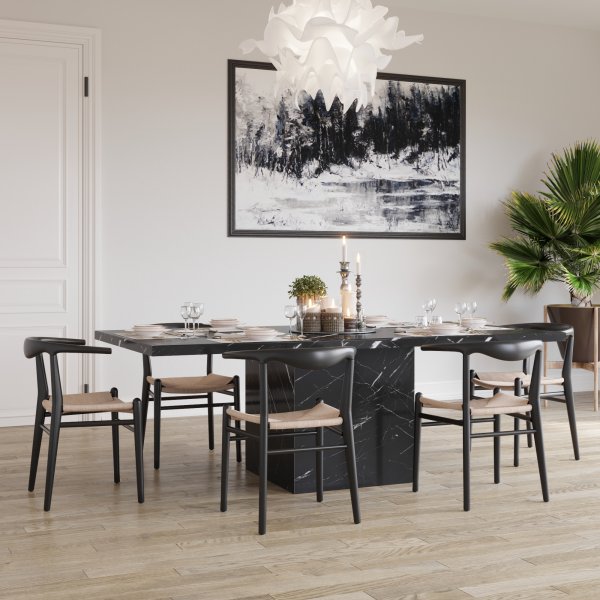 Matgrupp Pegani matbord i marmor inkl 6 st Berit matstol - Mrk marmor/natur repsits