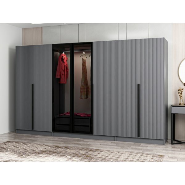 Armoire Cikani avec porte miroir, 315x52x210 cm - Anthracite
