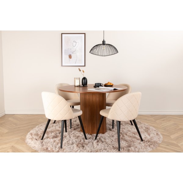 Bianca Matgrupp runt valnt matbord med 4 st Velvet beige stolar