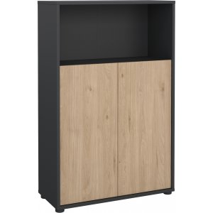 Bord lage boekenkast met deuren - Mat grijs/hickory