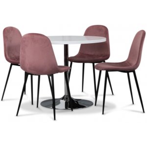 Groupe de repas Tiana, table  manger ronde avec 4 chaises en velours Carisma - Blanc/Corail