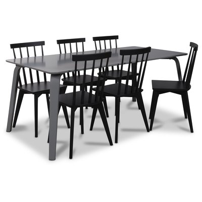 Visby matgrupp, 180 cm grtt bord med 6 st svarta Linkping Pinnstolar