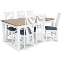 Skagen matgrupp - 180 cm Bord inklusive 6 st Herrgård Vindö stolar med blå sits - Vit/Ekbets Skagen matgrupp - 180 cm Bord inklusive 6 st Herrgård Vindö stolar med blå sits - Vit/Ekbets