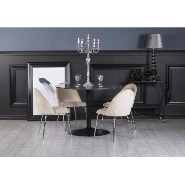 Plaza matgrupp, marmorbord med 4 st Plaza sammetsstolar - Beige/Gr/Svart
