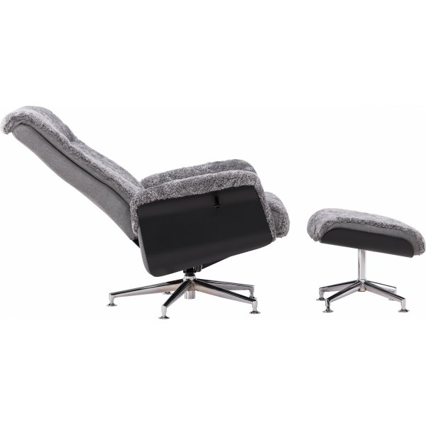 Ulla f�t�lj med fotpall i f�rskinn - Gr� / Svartbets / Krom + Textilreng�ring f�r m�bler