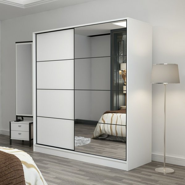 Armoire Kapusta avec porte miroir, 220x52x210 cm - Blanc