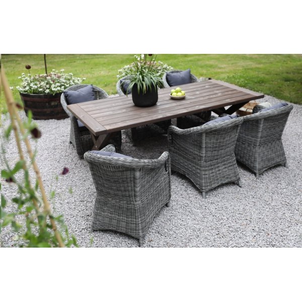 Oxford utematgrupp; brunsyrat bord 220 cm inkl 6 st Mercury ftljer gr konstrotting