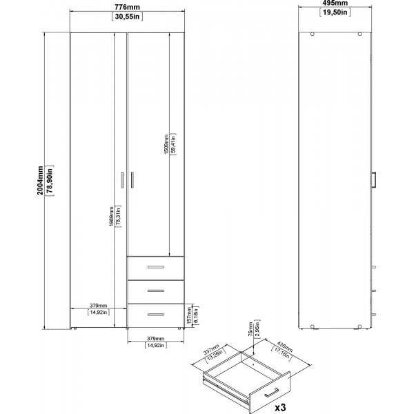 Armoire Space 2 portes et 3 tiroirs - Blanc Armoire Space 2 portes et 3 tiroirs - Blanc
