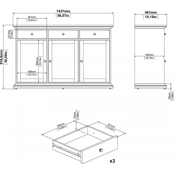 Buffet Paris avec 3 armoires et 3 tiroirs - Blanc