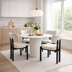 Matgrupp Sand� matbord �120cm i vit terazzo med 4st Callum matstol i beige tyg