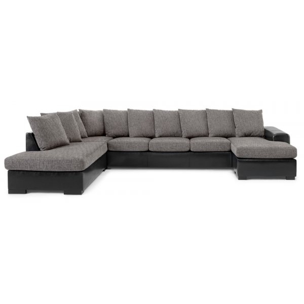 Divansoffa med ppet avslut vnster + 4-sits med divan - Gr/skinn