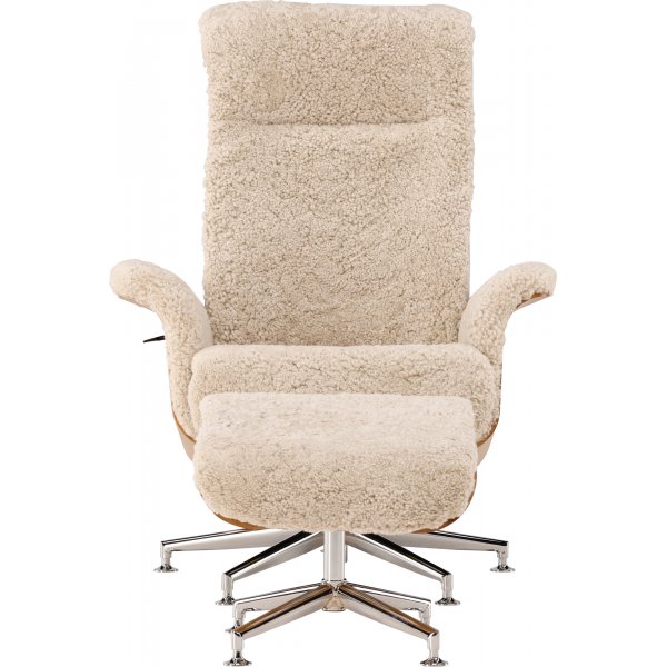 Ulla fåtölj med fotpall i fårskinn - Beige / Ek / Krom + Textilrengöring för möbler Ulla fåtölj med fotpall i fårskinn - Beige / Ek / Krom + Textilrengöring för möbler