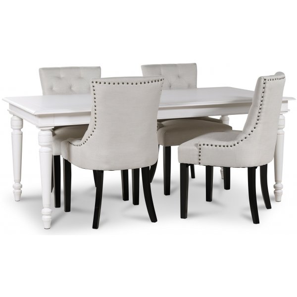 Paris matgrupp vitt bord med 4 st Tuva Eastport stolar i beige tyg